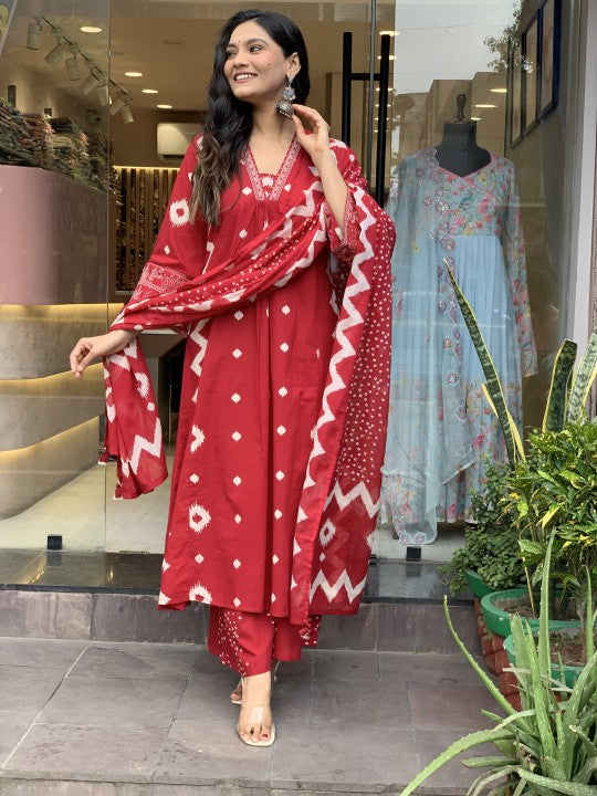 Cotton Flared Red Three Piece Kurti Set with Tribal Embroidery