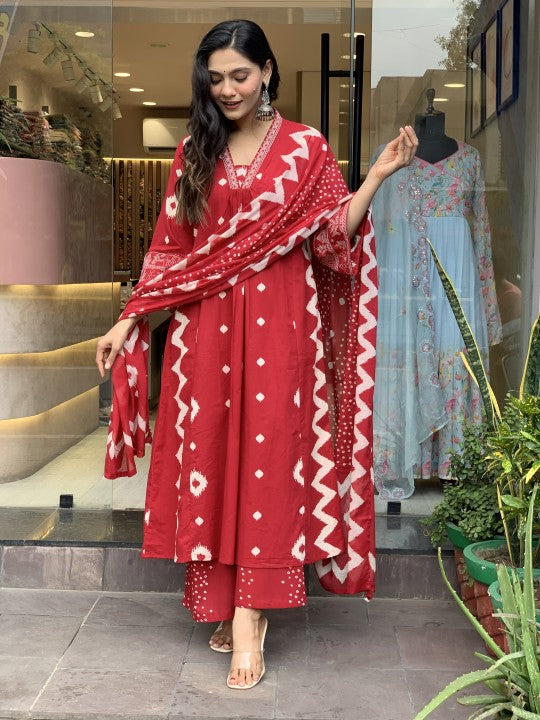 Cotton Flared Red Three Piece Kurti Set with Tribal Embroidery