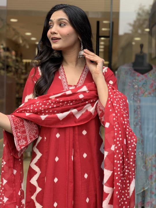 Cotton Flared Red Three Piece Kurti Set with Tribal Embroidery