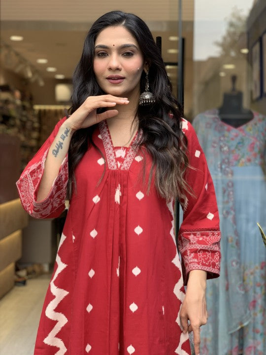 Cotton Flared Red Three Piece Kurti Set with Tribal Embroidery