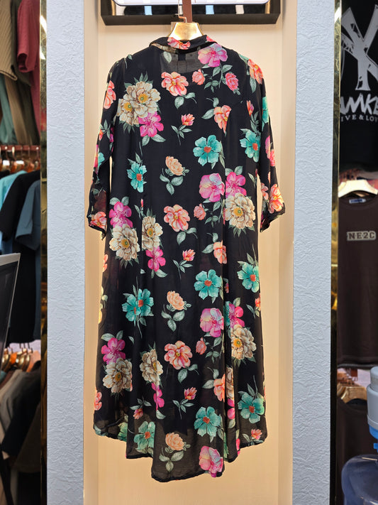 Pure Natural Crepe Floral Black Princess Cut Coord Set