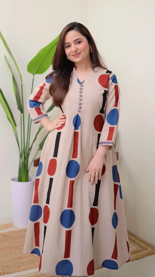 Geometric Print Officewear Flared Kurta Set