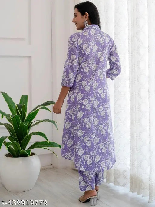 Princess Cut Flared Purple Floral Kurta Set
