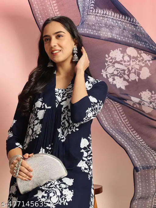 Block Print Navy Blue Flared Dress with Lacework