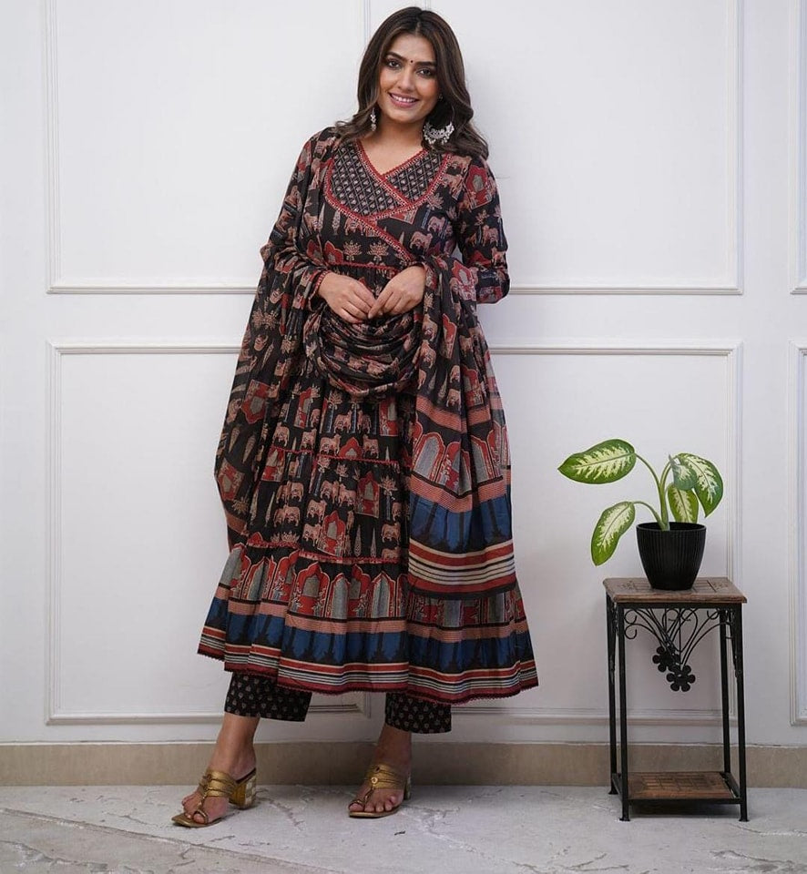 Ajrakh Print Black Anarkali Set with Sequence Handwork