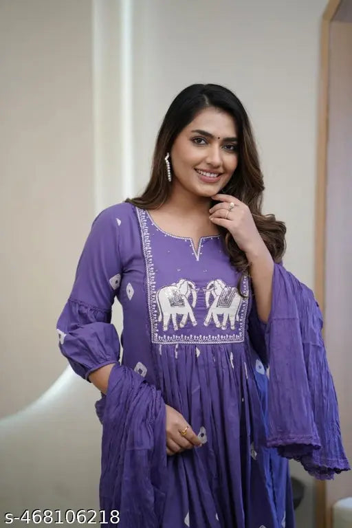 Cotton Purple Flared Kurta Set with Ajrakh Embroidery