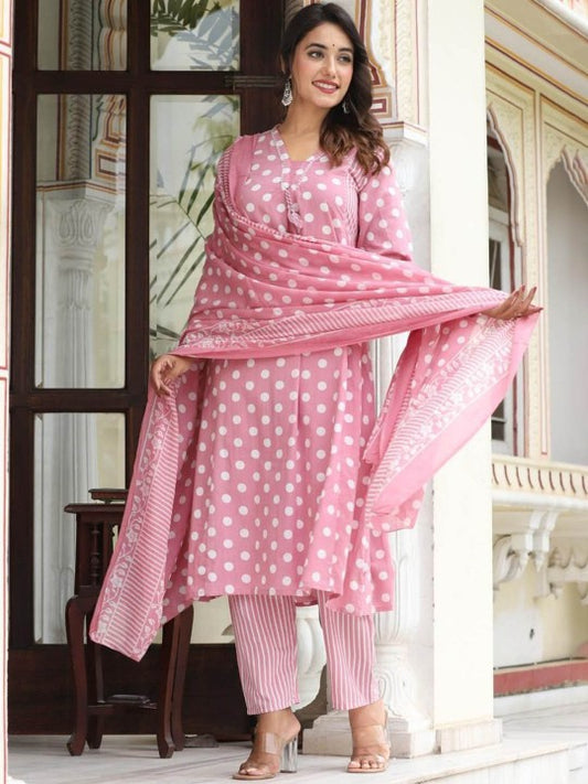 Polka Dot Print Mul Cotton Flared Salwar Suit