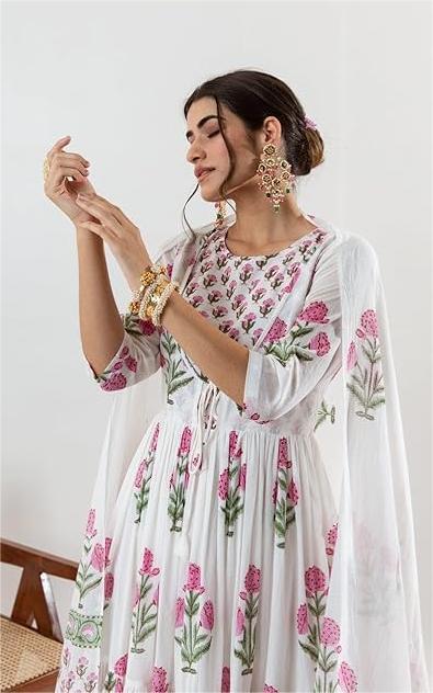 Double Choli Block Print Cotton Anarkali Set