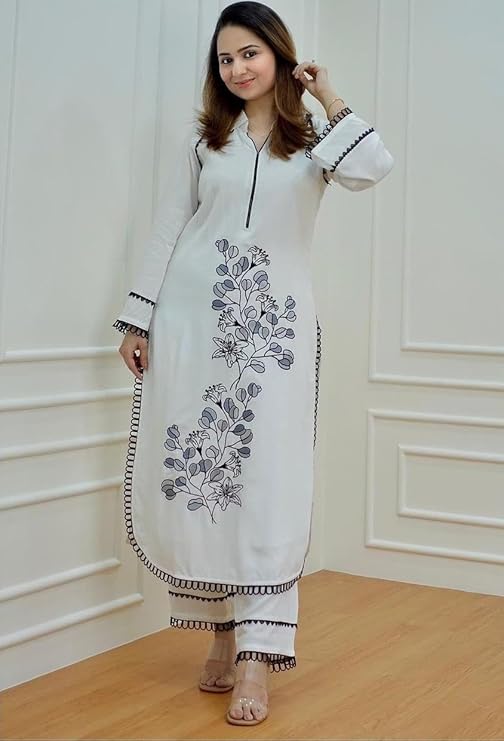 Pakistani Style White Kurta Set with Embroidery and Lacework