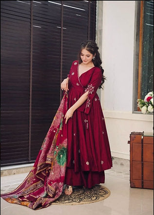 Maroon Embroidered Silk Crepe Festive Anarkali Set