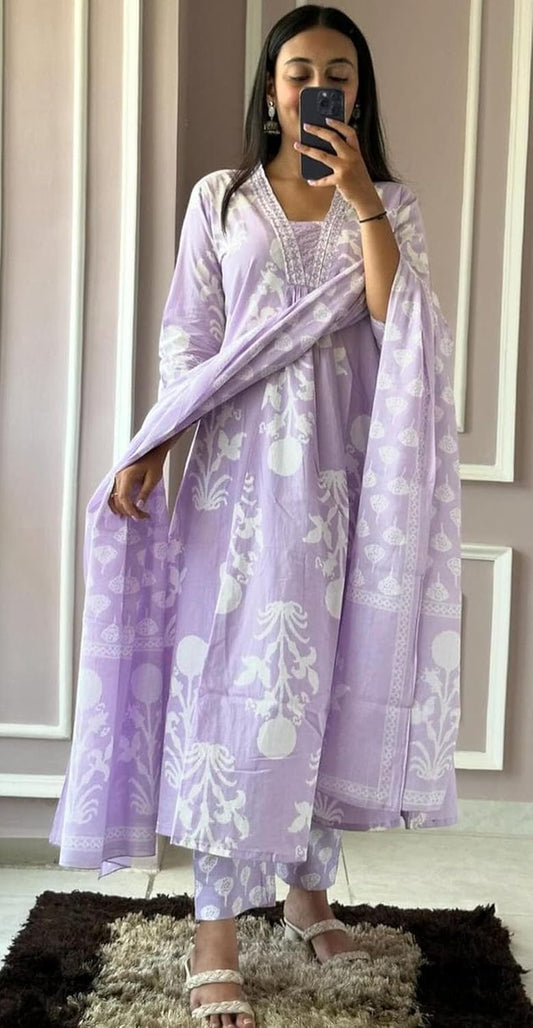 Summer Cotton Purple Flared Block Print Dress