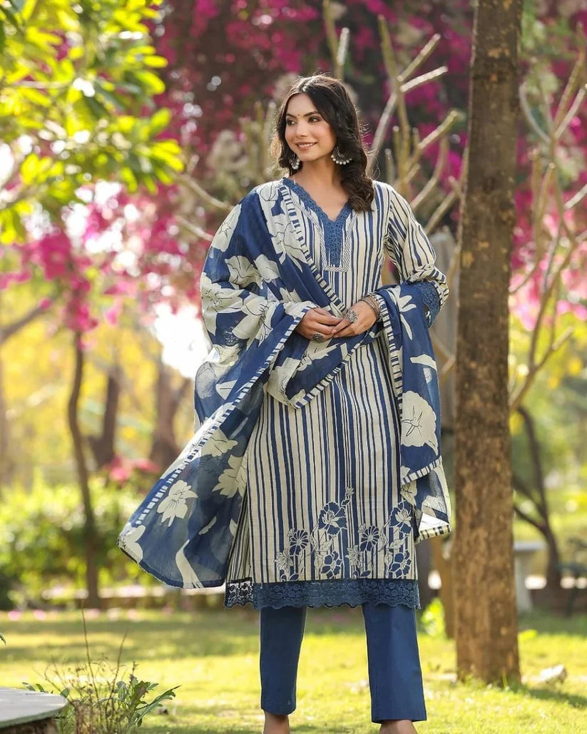 Cotton Floral Suit with Organza Embroidery Lacework