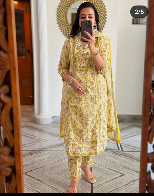 Pearl Work Yellow and White Designer Cotton Salwar Suit