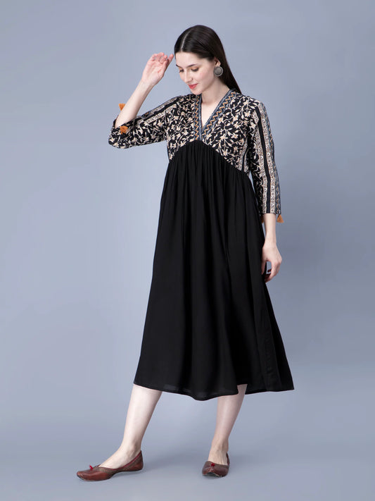 Black Designer Printed Black Dress