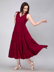 Solid Maroon Viscose Tiered Dress