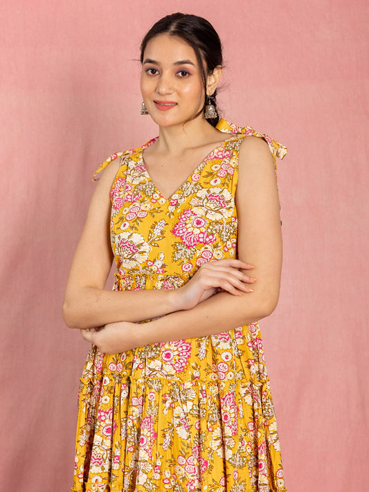 Floral Yellow Cotton Dress with Bow Straps