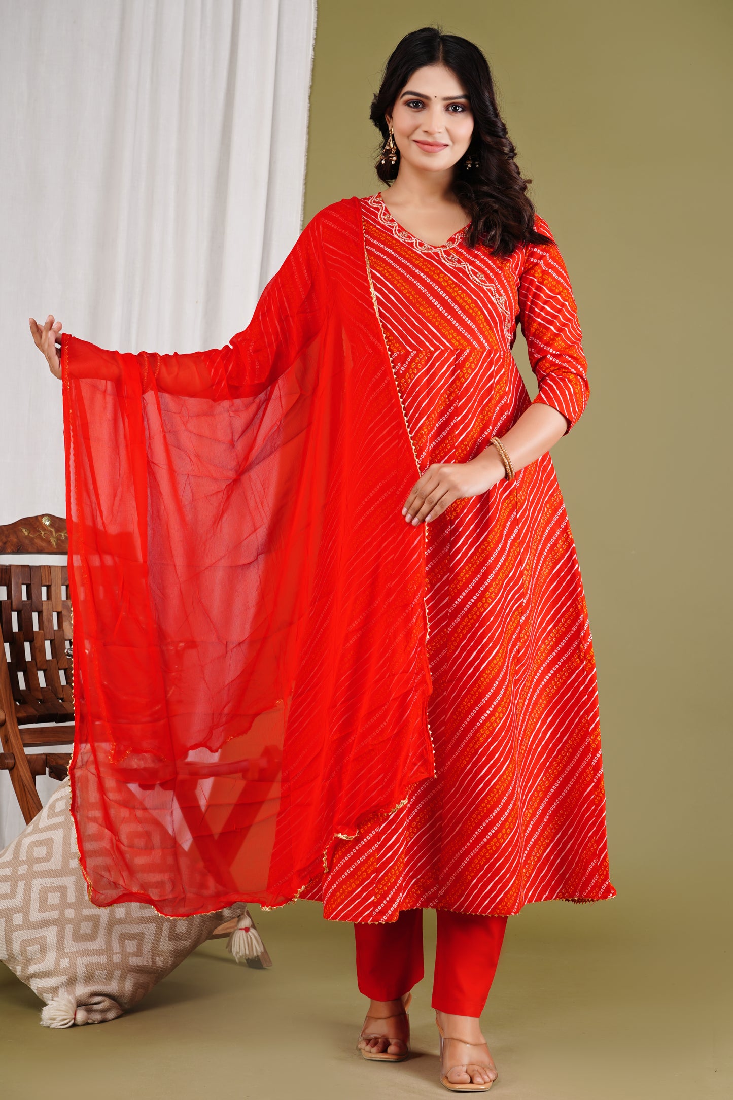 Red Bandhani Anarkali Set with Handwork