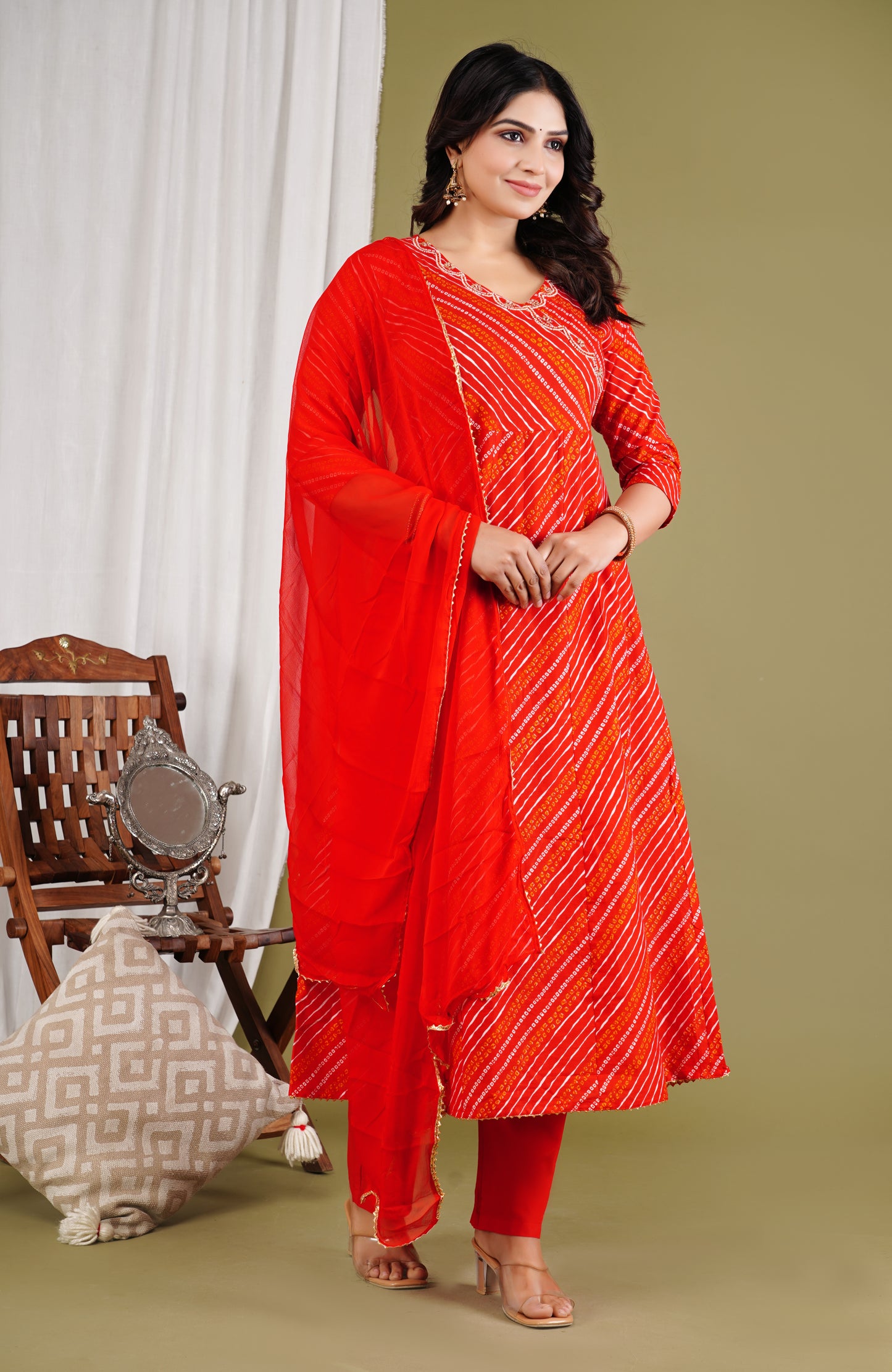Red Bandhani Anarkali Set with Handwork