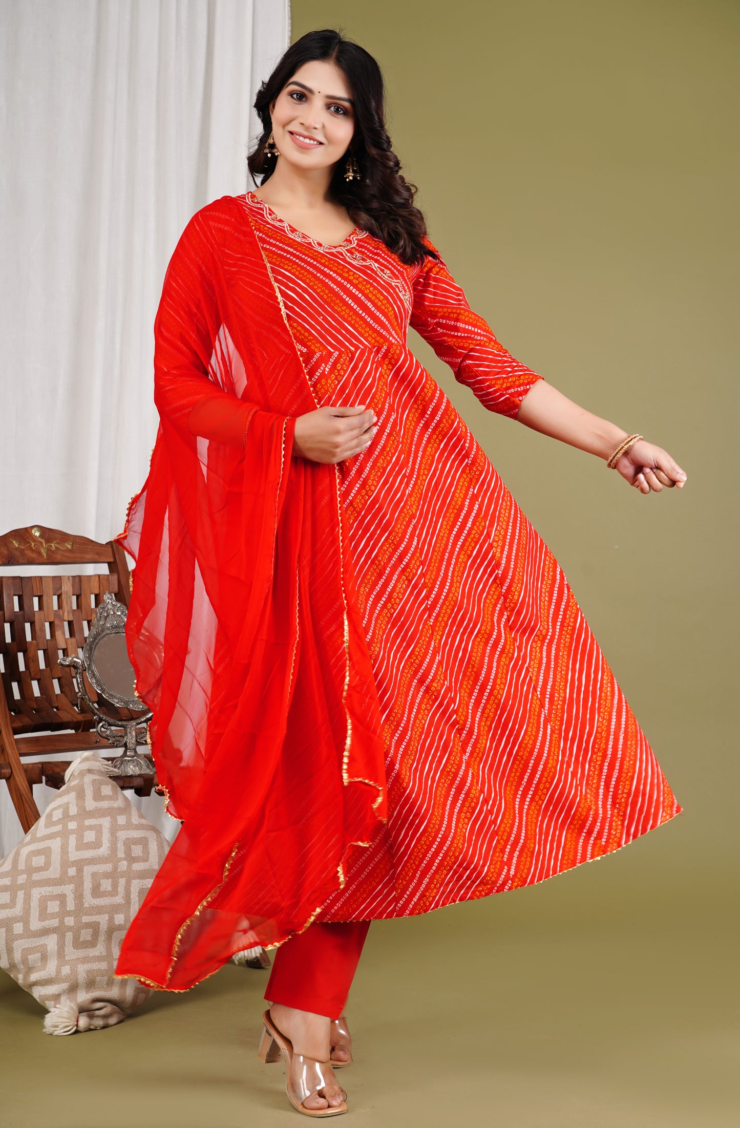 Red Bandhani Anarkali Set with Handwork