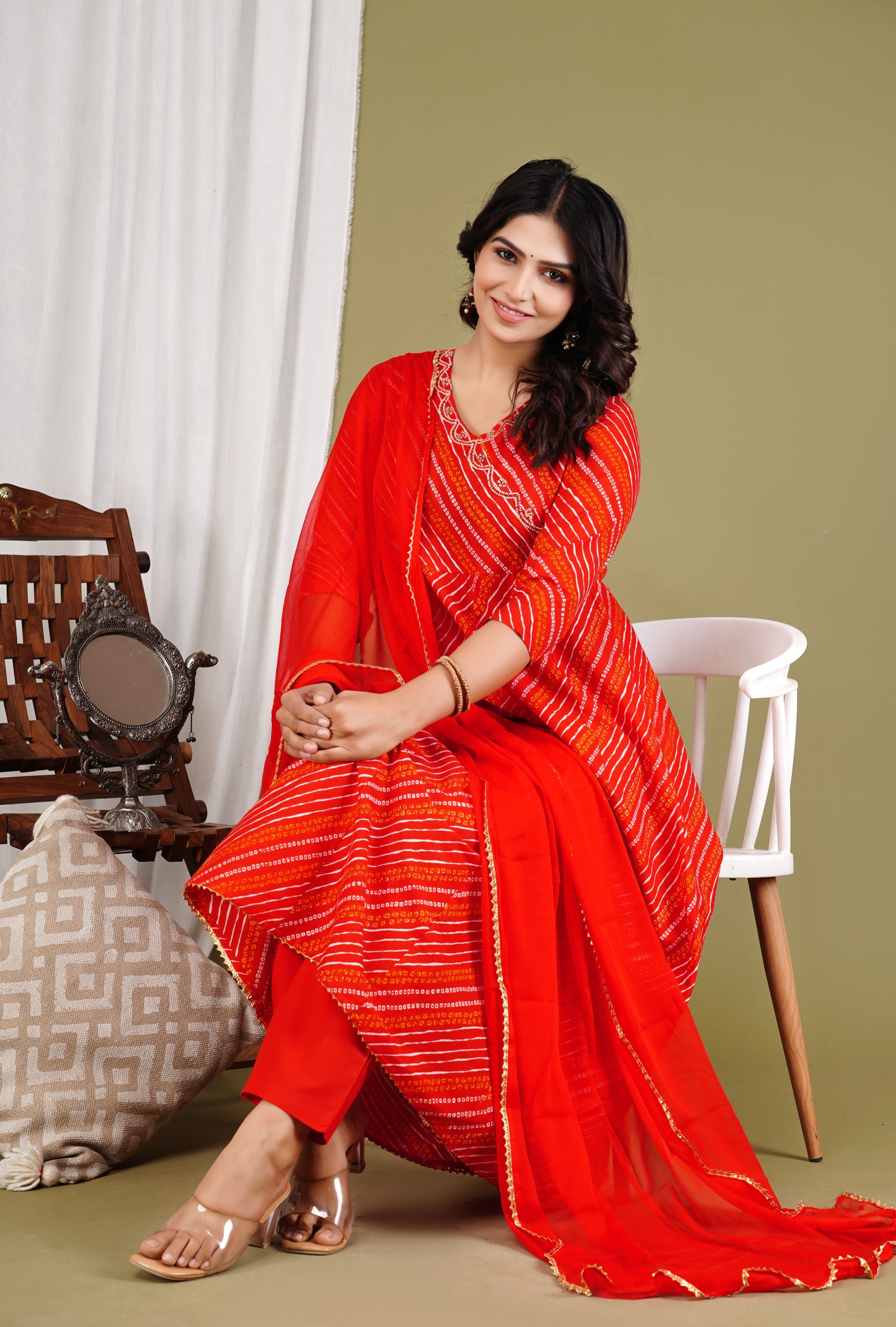 Red Bandhani Anarkali Set with Handwork