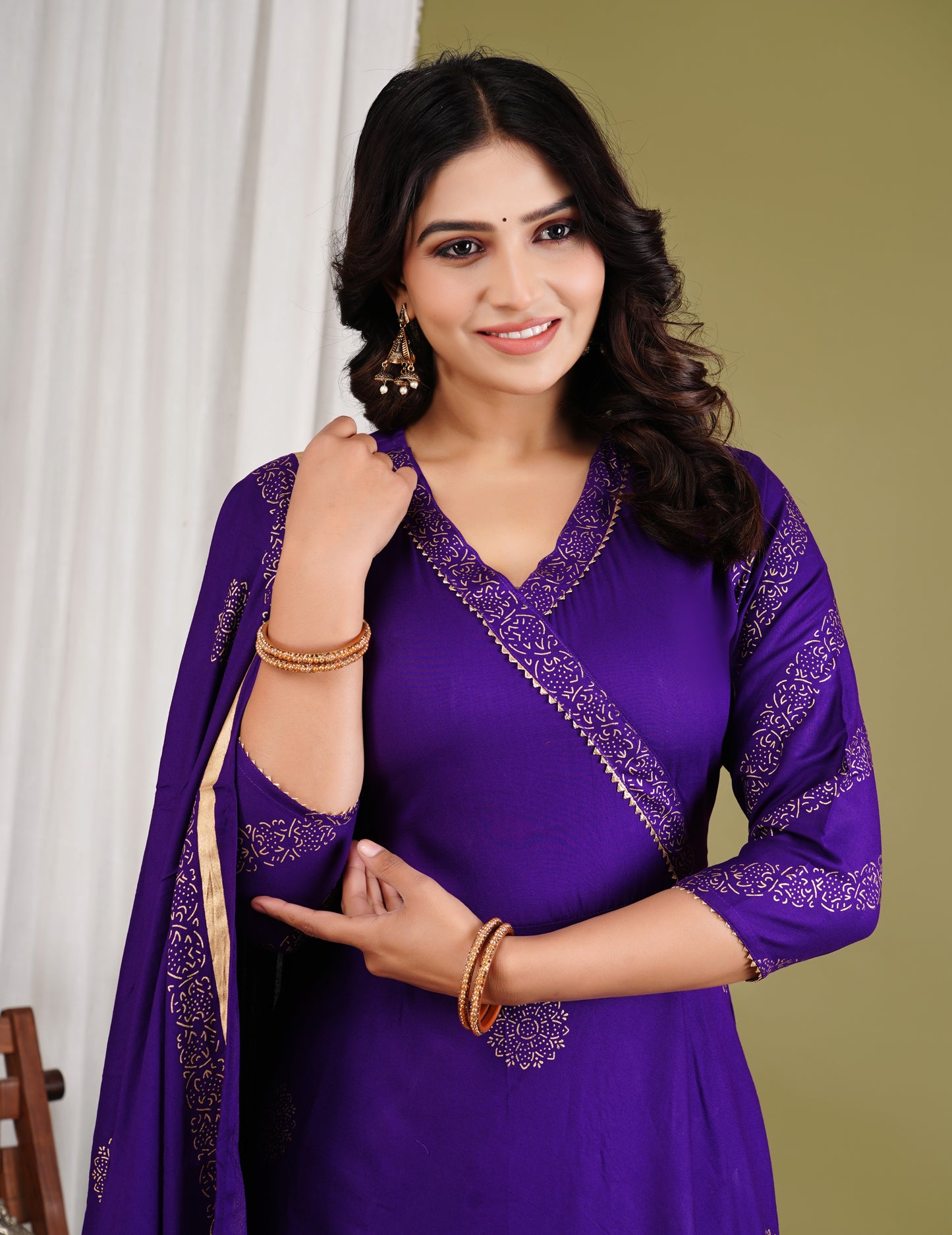 Festive Foil Print Purple Anarkali Three Piece Set