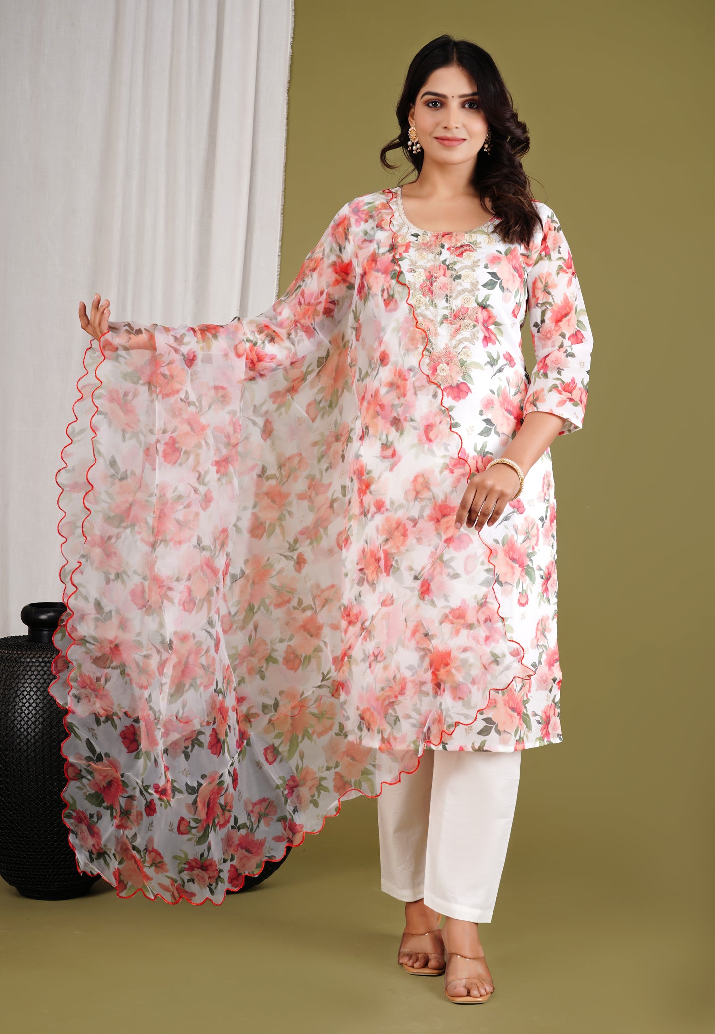 Embroidered Floral Organza White Suit Set