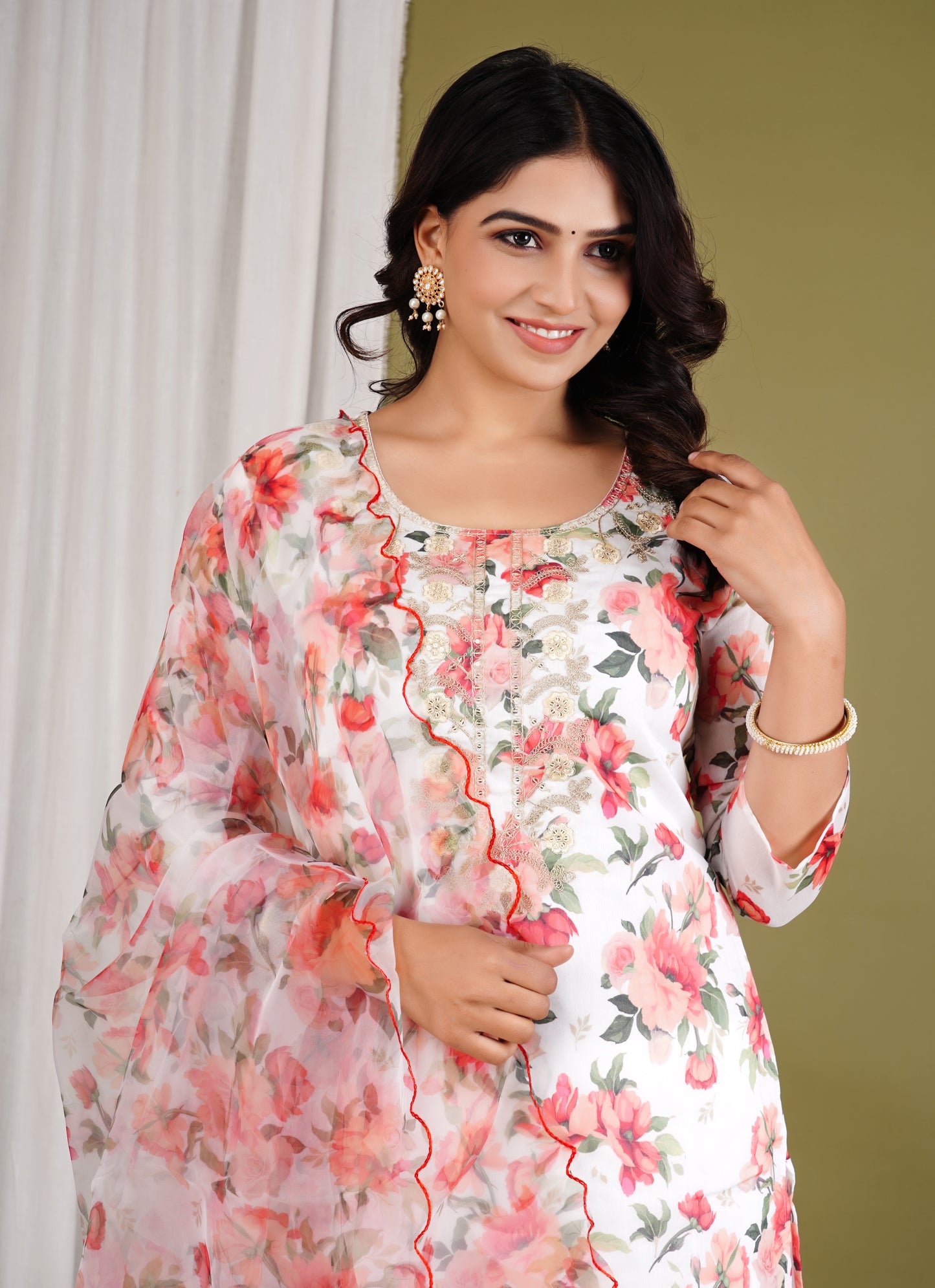 Embroidered Floral Organza White Suit Set