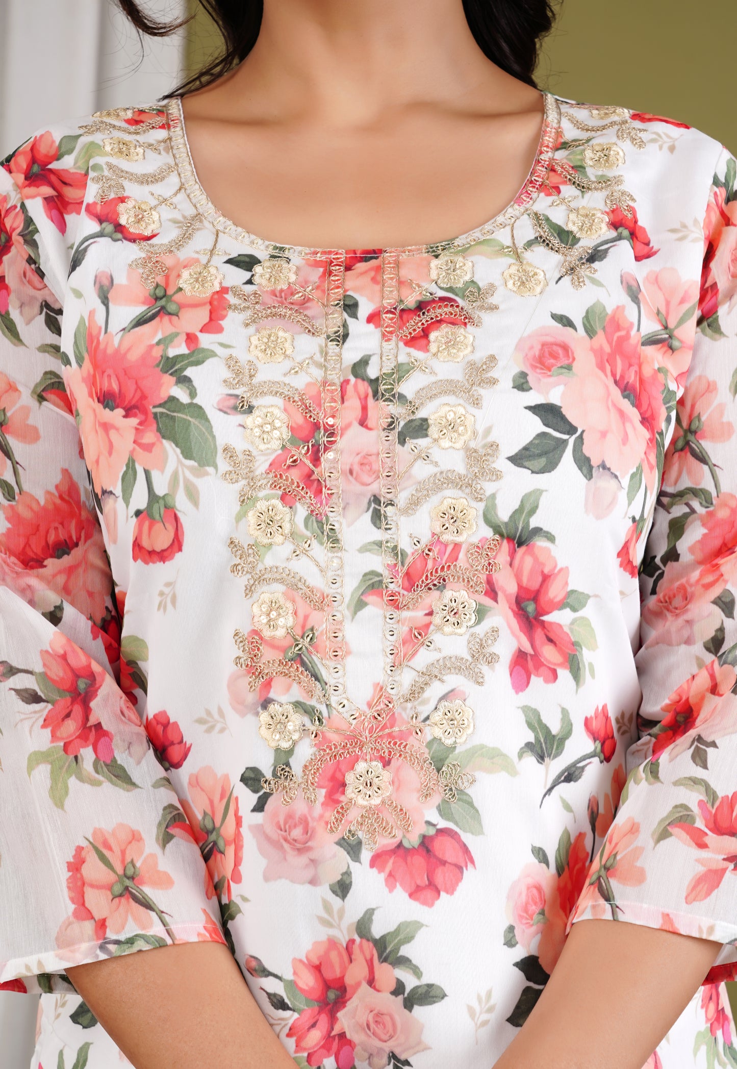 Embroidered Floral Organza White Suit Set