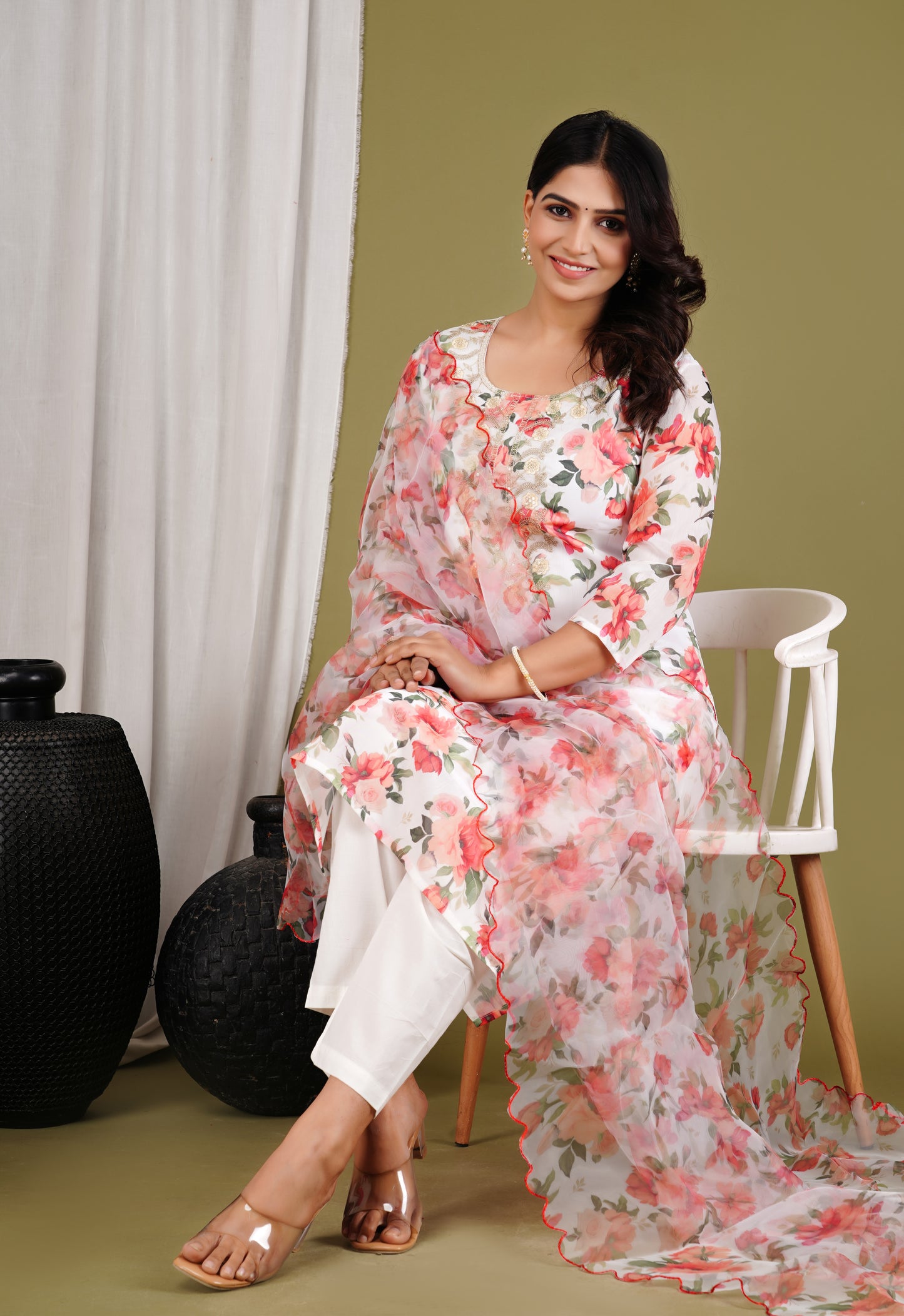 Embroidered Floral Organza White Suit Set