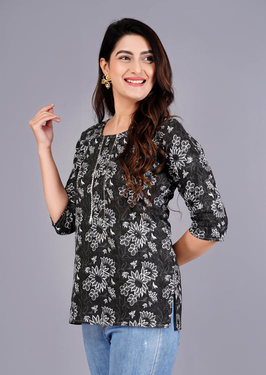 Cotton Black Printed Short Kurti