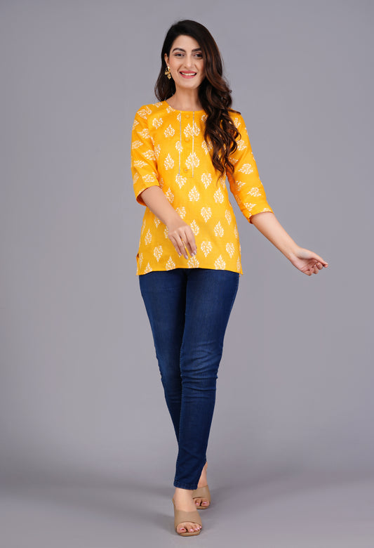 Rayon Procin Print Yellow Short Kurti