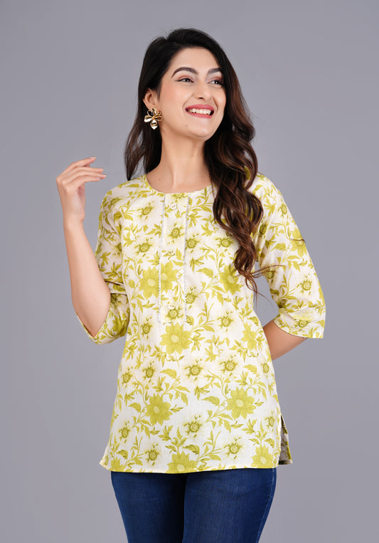 Cotton Lime Printed Short Kurti