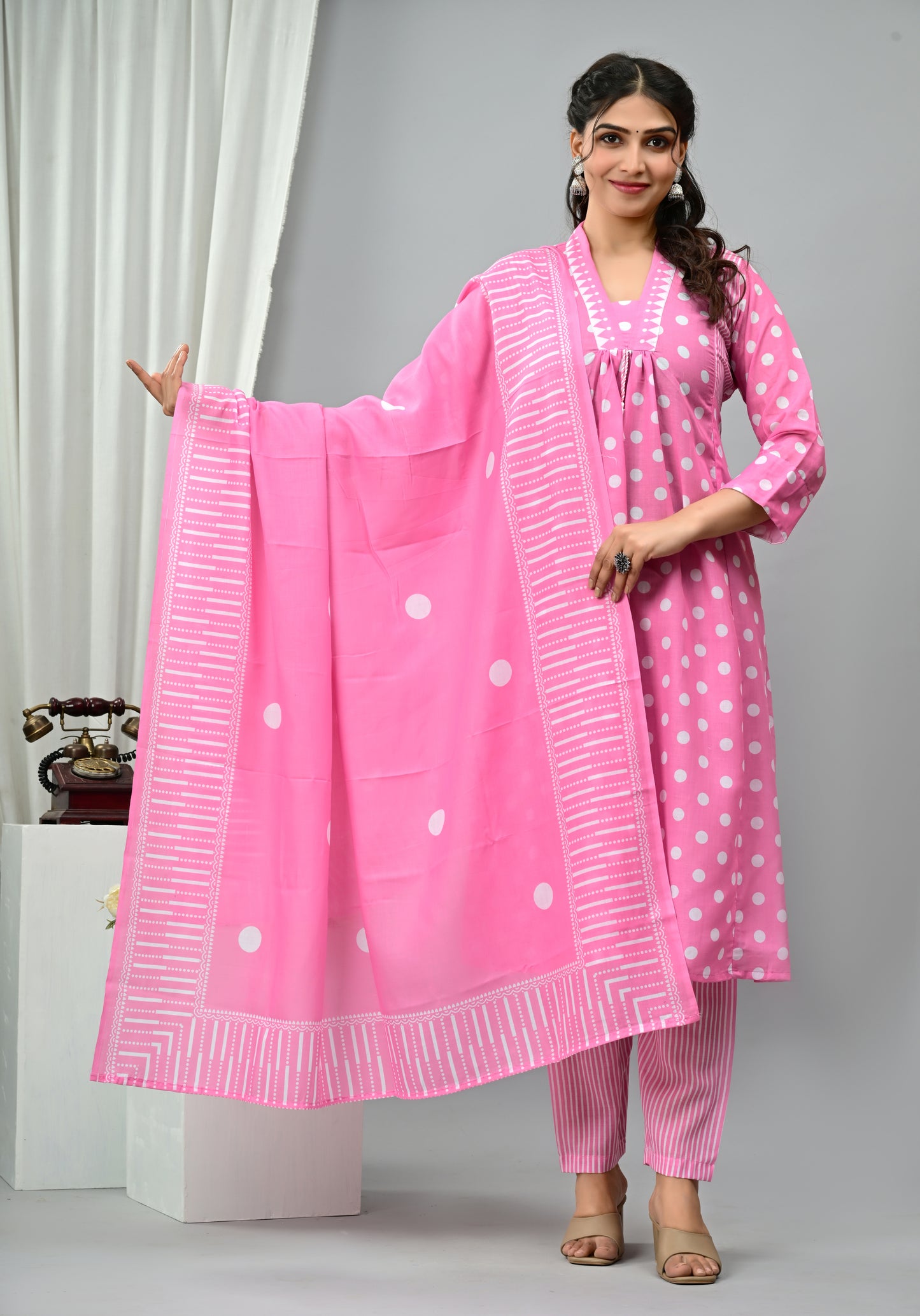 Polka Dot Print Mul Cotton Flared Salwar Suit