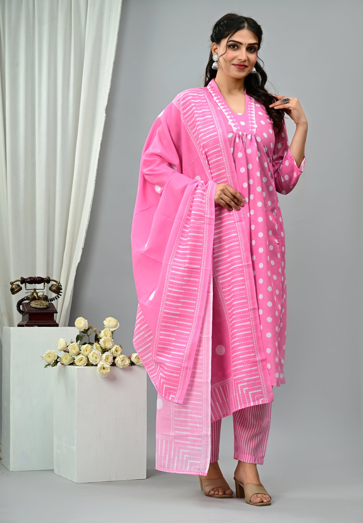 Polka Dot Print Mul Cotton Flared Salwar Suit
