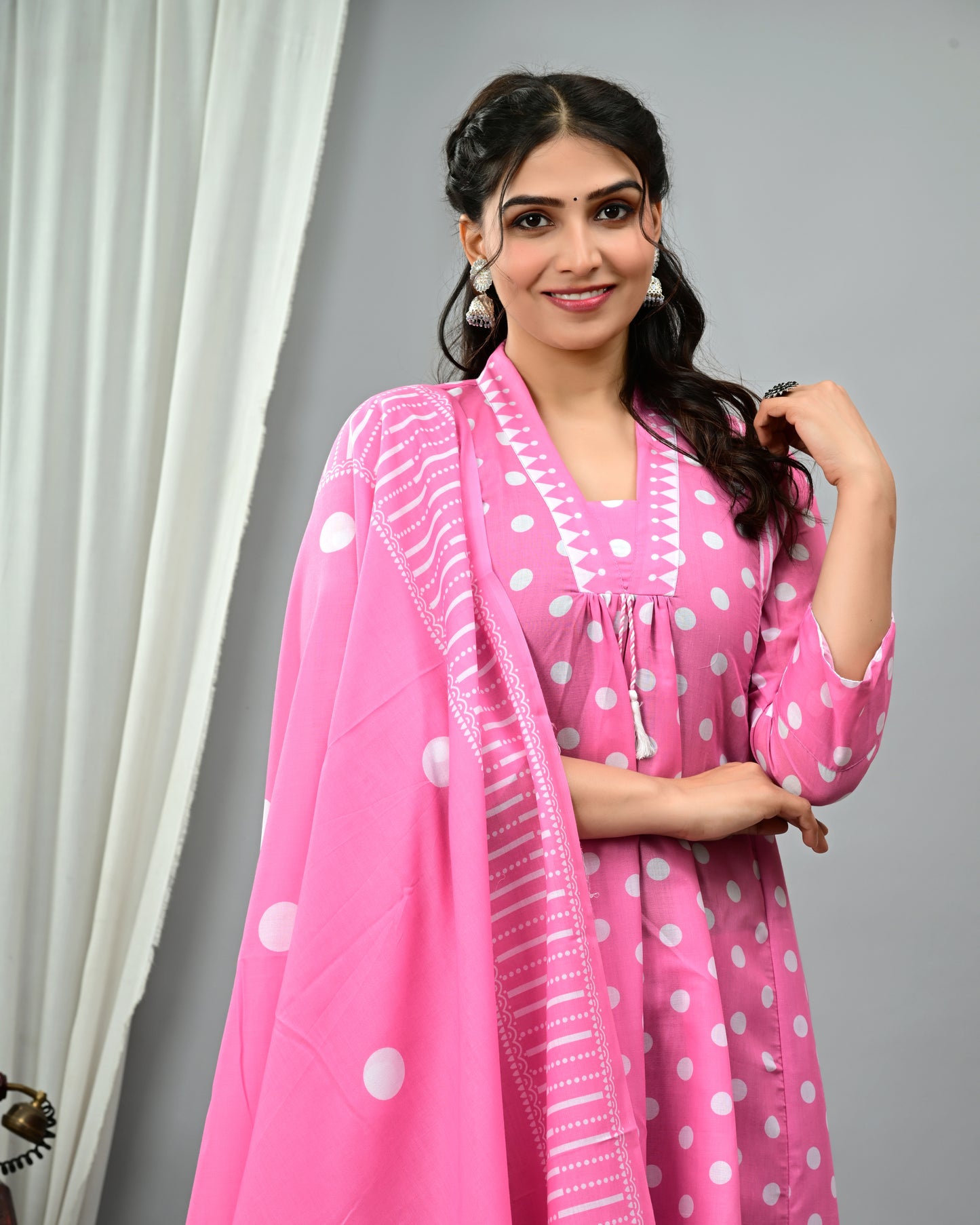 Polka Dot Print Mul Cotton Flared Salwar Suit