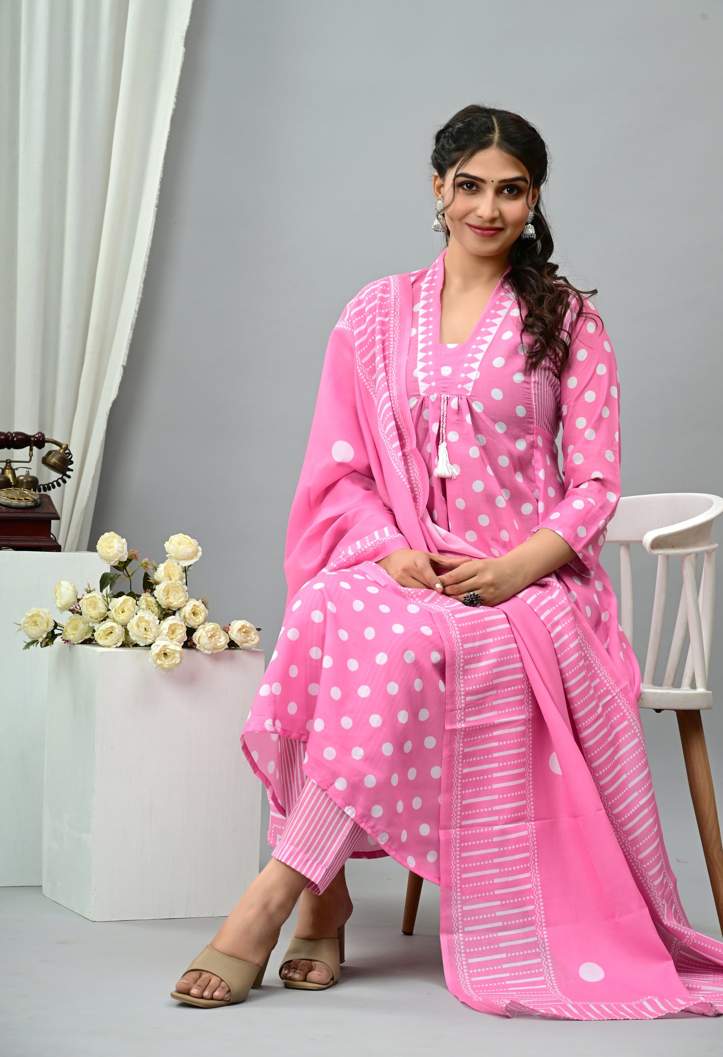 Polka Dot Print Mul Cotton Flared Salwar Suit