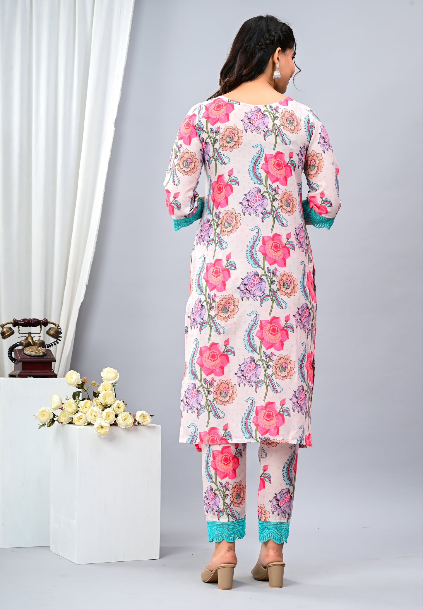 Cotton Floral Printed White Three Piece Suit with lace work