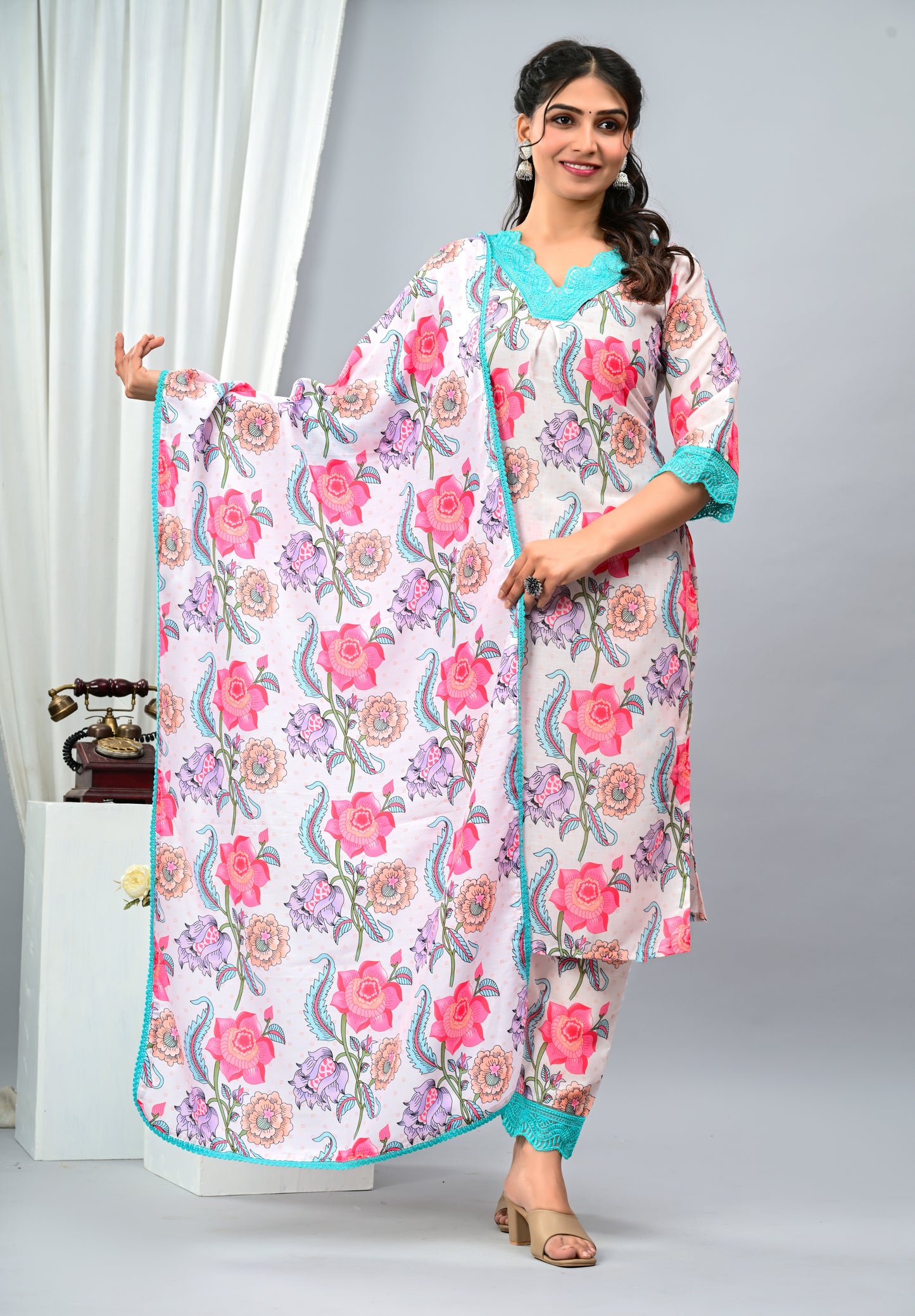 Cotton Floral Printed White Three Piece Suit with lace work
