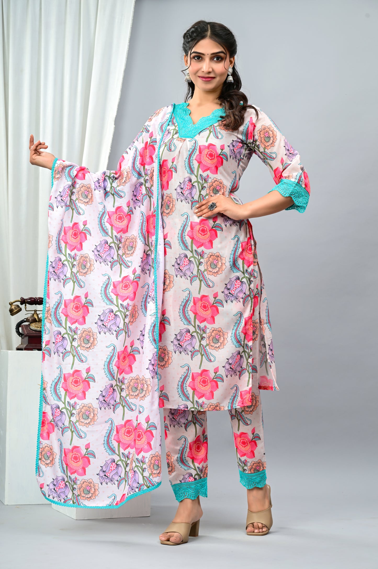 Cotton Floral Printed White Three Piece Suit with lace work