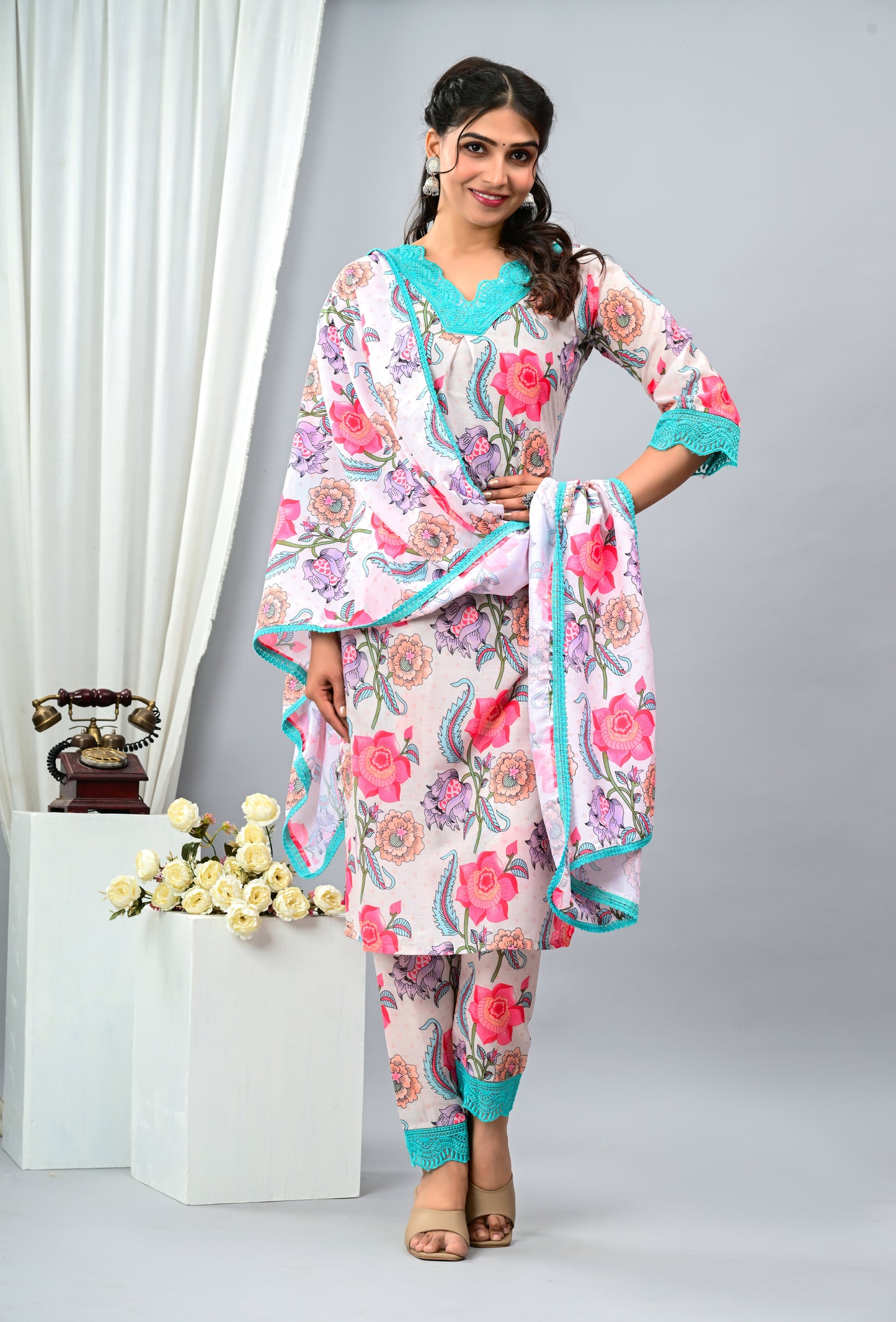 Cotton Floral Printed White Three Piece Suit with lace work