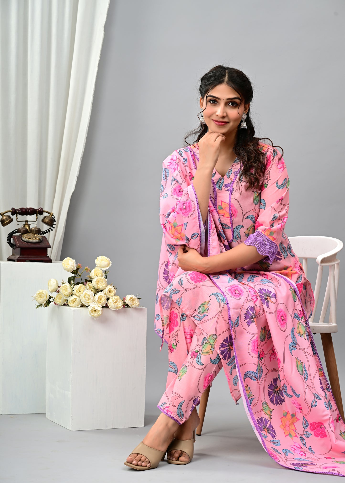 Cotton Floral Overall Three Piece Suit with lace work