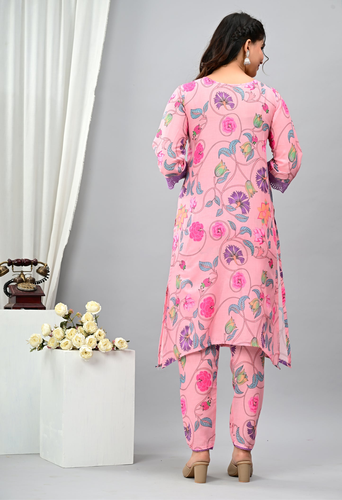 Cotton Floral Overall Three Piece Suit with lace work