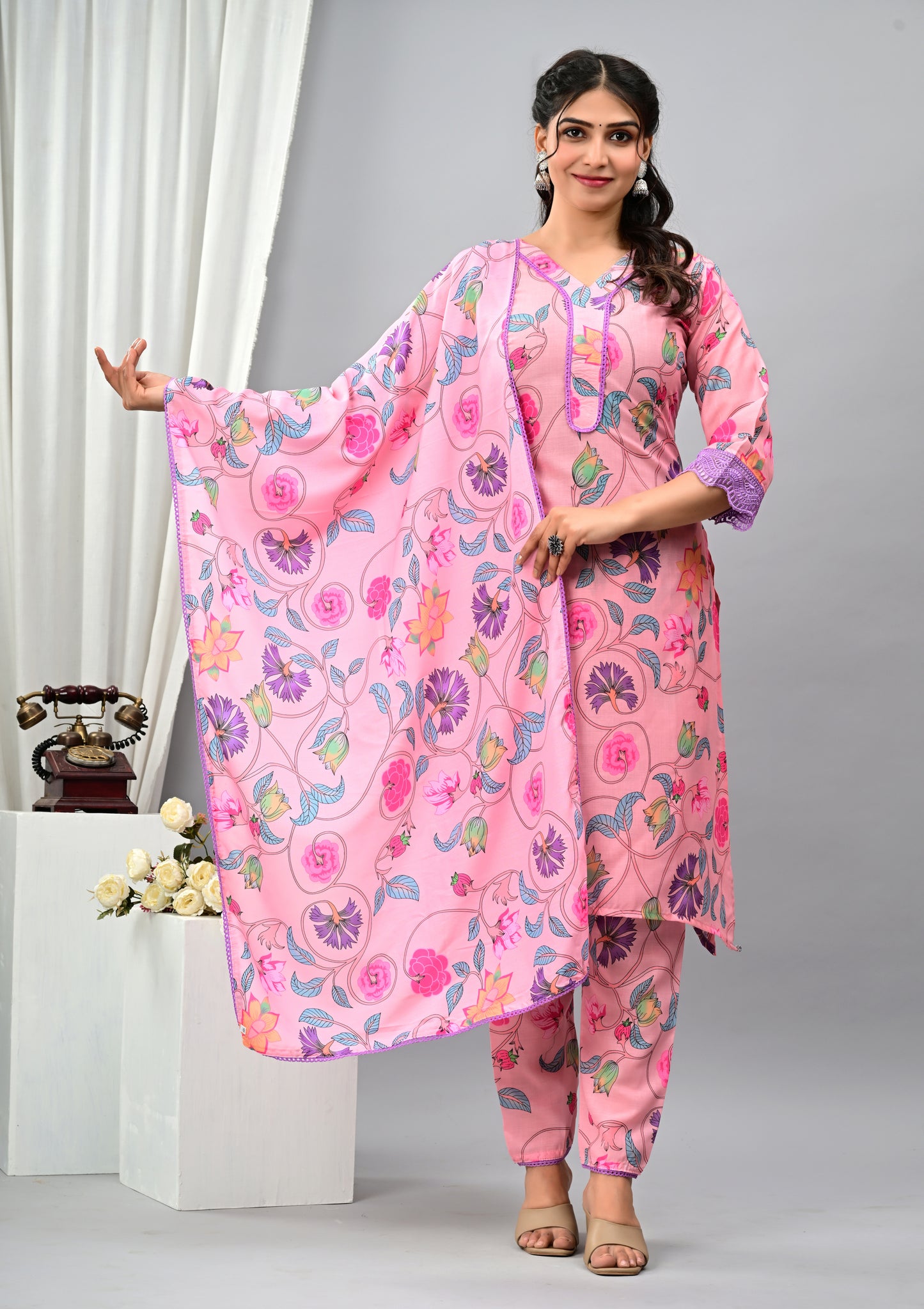 Cotton Floral Overall Three Piece Suit with lace work