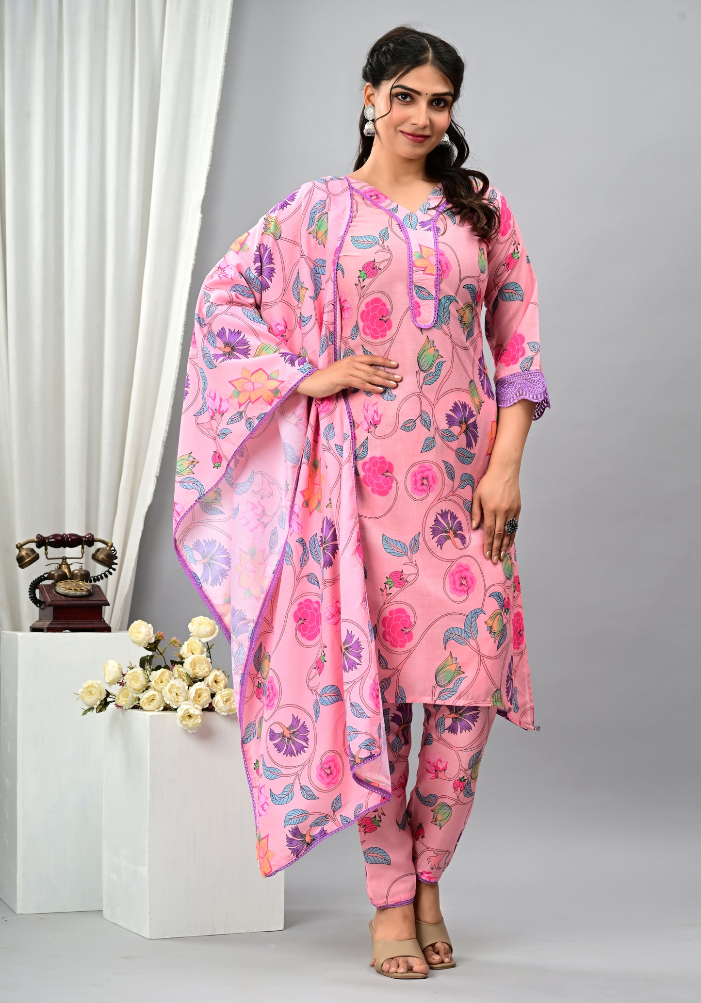 Cotton Floral Overall Three Piece Suit with lace work