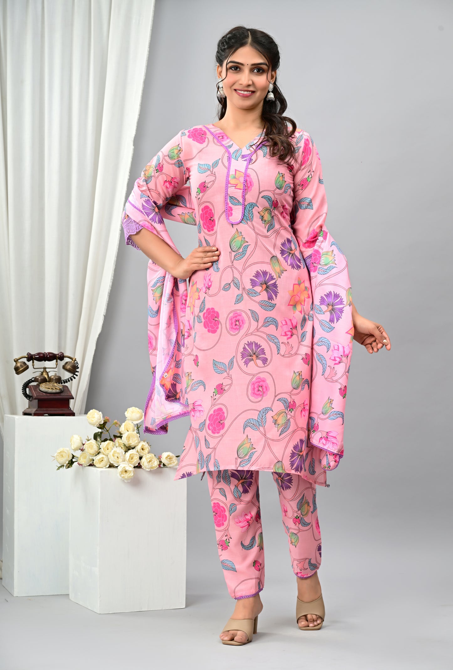 Cotton Floral Overall Three Piece Suit with lace work