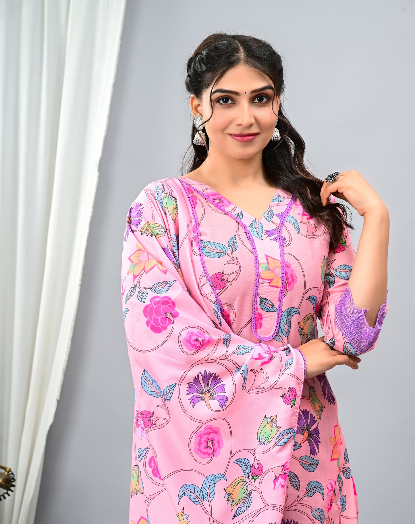 Cotton Floral Overall Three Piece Suit with lace work