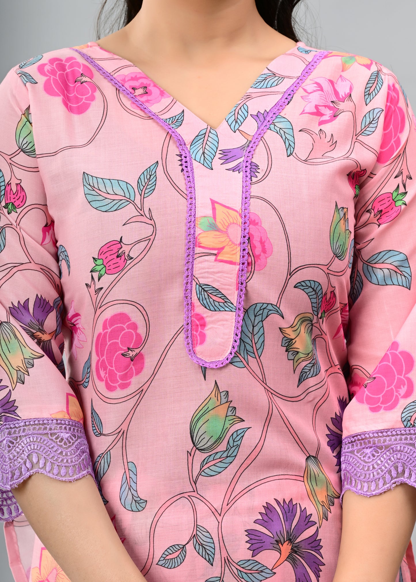 Cotton Floral Overall Three Piece Suit with lace work