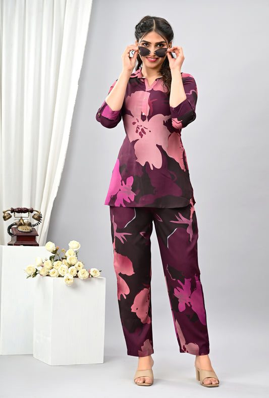 Women Officewear Printed Floral Purple Coord Set
