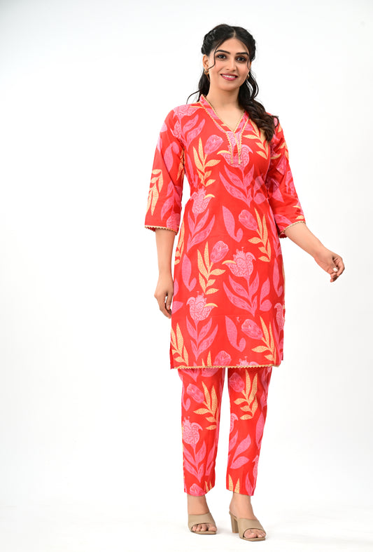 Cotton Printed Floral Red Kurta Set