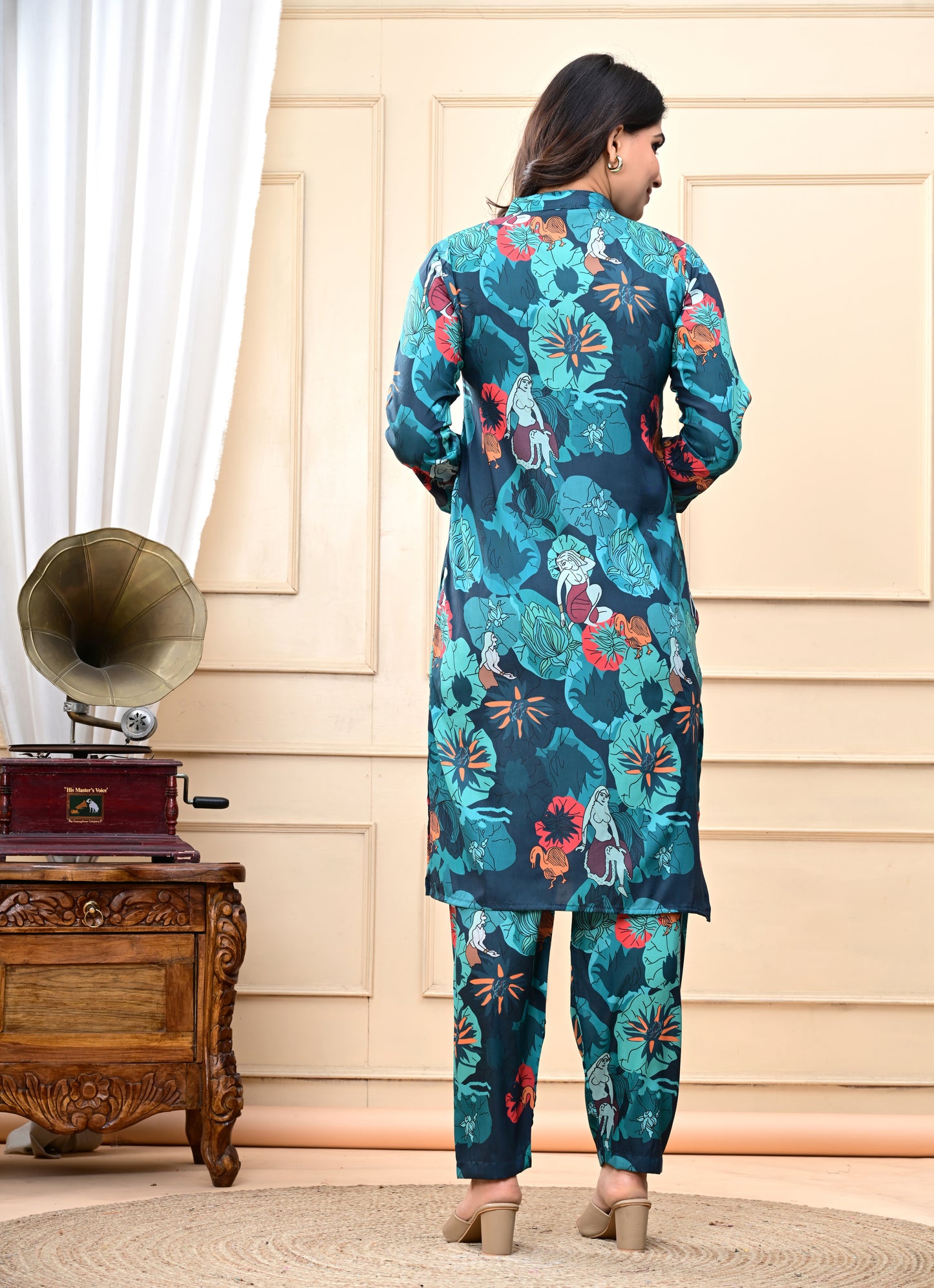 Animal and Floral Print Crepe Blue Kurta Set